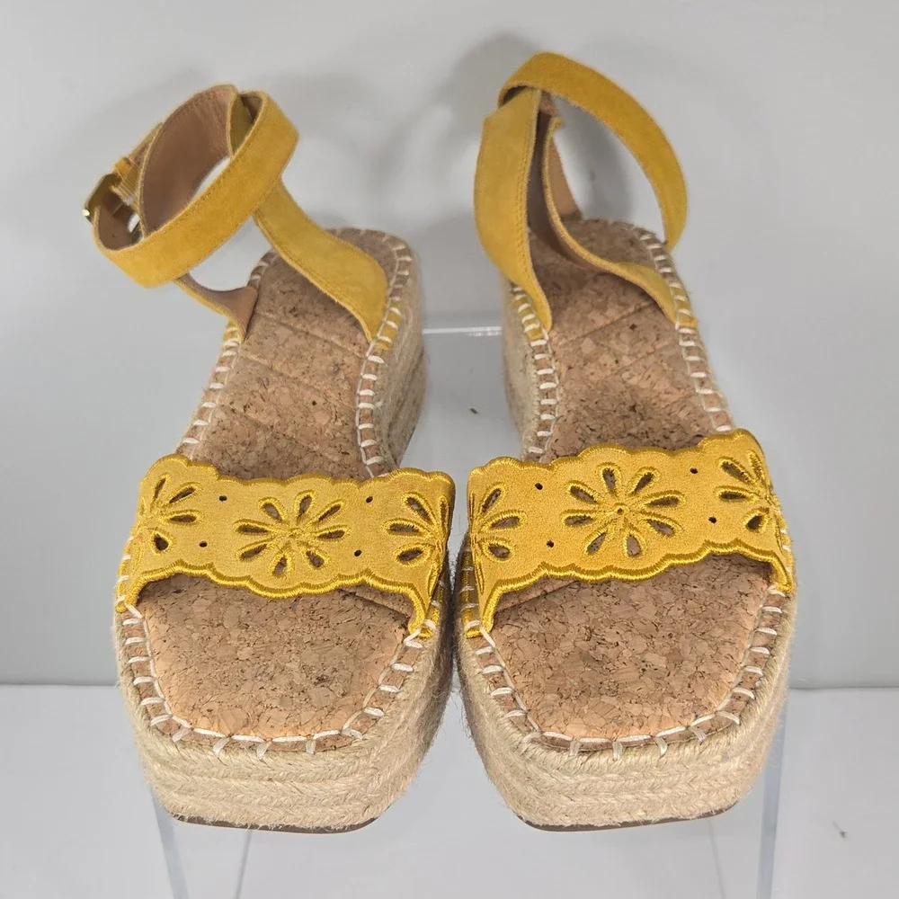 Crown Vintage Mustard Yellow Leather Floral Espadrille Platform Sandals 9.5M